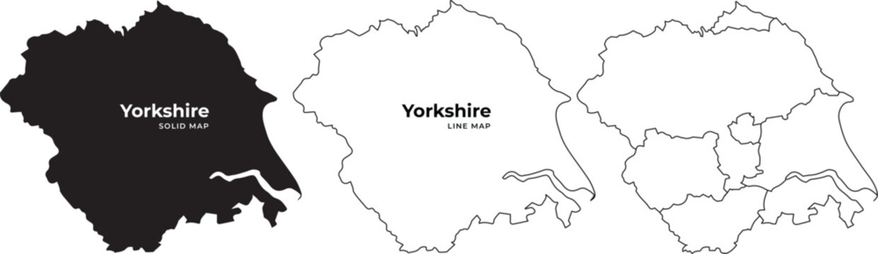 Yorkshire maps in three styles filled line and outline on white background