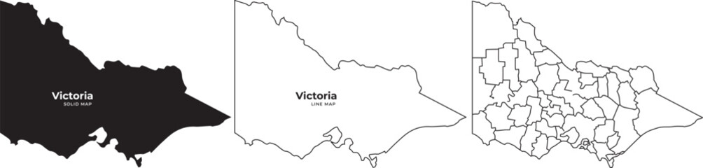 Detailed victoria australia map illustrations in black and white with labeled regions © Meizan 