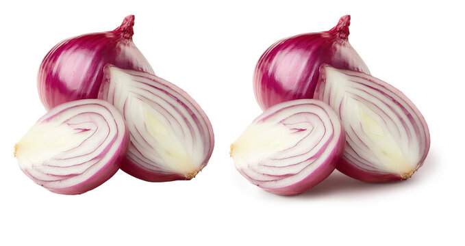 Duas cebolas roxas, sendu uma inteira e uma partida isoladas em fundo transparente.