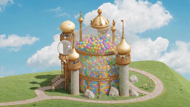 Starting camera orbiting around ornate rotunda on grassy mound, revealing colorful dome spheres