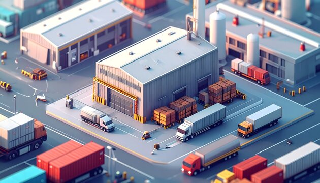 Zona industrial ilustrada con almacenes log&iacute;sticos, camiones de carga y actividad de distribuci&oacute;n