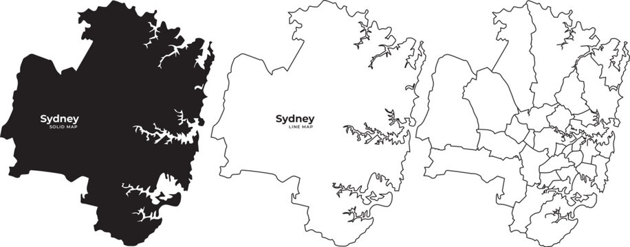 Detailed sydney city and suburbs maps in black and white line styles for navigation and planning purposes