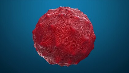 3d rendering of red textured sphere against blue background resembling biological cell