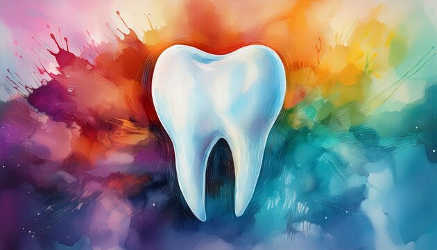 a single tooth sits prominently against a colorful watercolor background symbolizing dental health and care