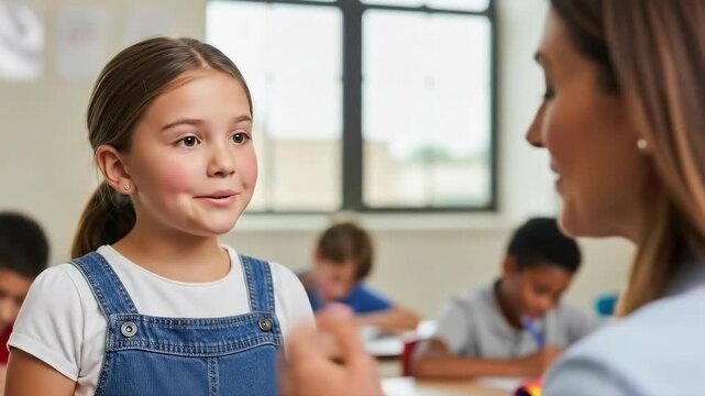Engaged young student interacting in classroom discussion with teacher guidance