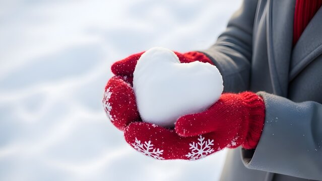 Person holding a heart shaped snowball in red mittens on a snowy day