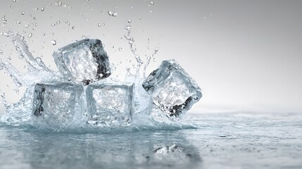 Obraz premium Dynamic Water Splash with Ice Cubes on a Light Gradient Background