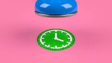 Blue Rubber Stamp Creating Green Clock Icon on Pink Background.
