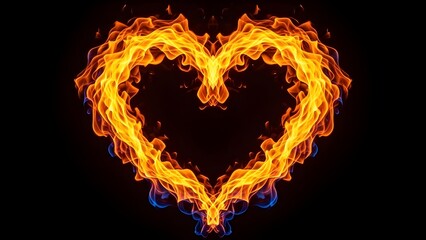 A heart shape made of vibrant orange and yellow flames on a black background symbolizing passion and love