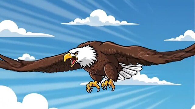 Cartoon Bald Eagle Flying in Blue Sky Mascot Animation