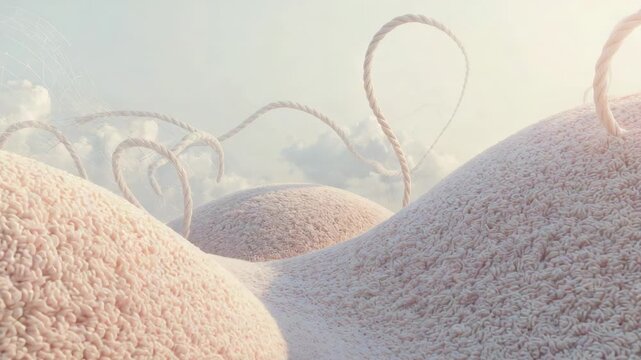 Pushing low cam revealing knit mounds and yarn arches in textile landscape, focusing on stitches