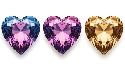 Three heart shaped gemstones in blue purple and gold colors