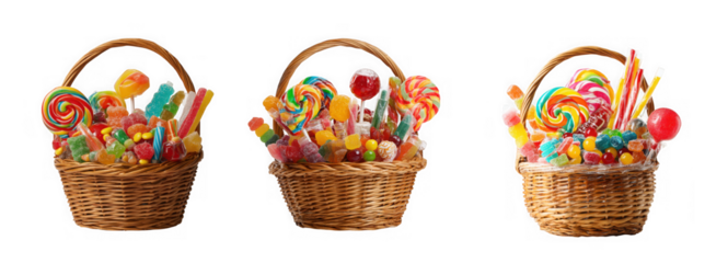 Three woven baskets overflowing with colorful lollipops and various sweets on transparent background high quality professional