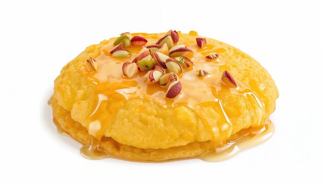 Indian malpua pancake with saffron syrup and pistachio garnish on white background