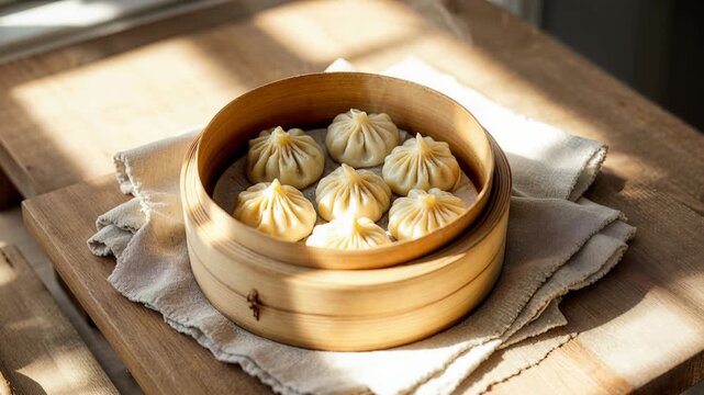 Freshly cooked hot dumplings in a bamboo steamer on a wooden table with beautiful sunlight