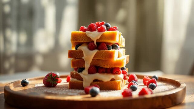 Sweet cream dripping down a stack of french toast topped with fresh berries on a wooden plate