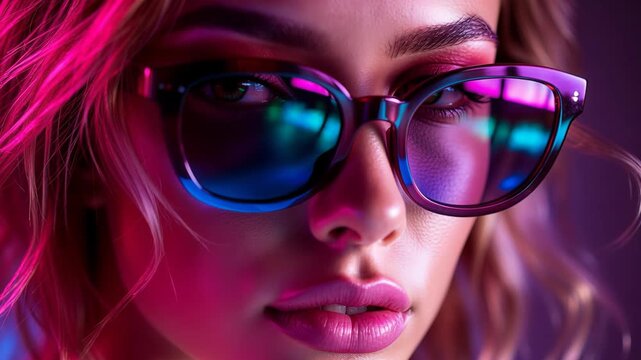 Beautiful woman wearing sunglasses looking at the camera in a futuristic, vibrant, neon environment