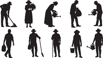Set of black vector silhouettes featuring women, men, and families in fashion dresses or business style walking with shopping bags and showcasing various body outlines and group poses in art