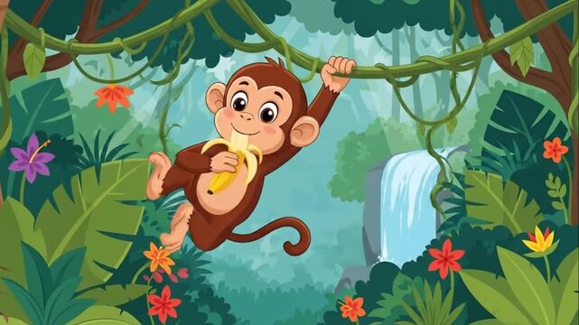 Cartoon monkey eating banana swinging on a vine in the jungle