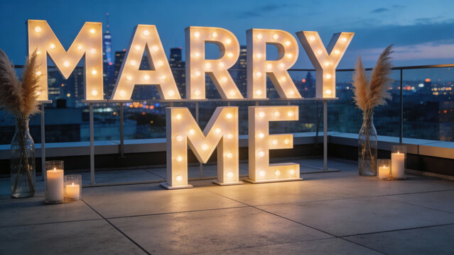 Nighttime backyard proposal on a stone patio with candlelit dinner table and crisp &ldquo;Will You Marry Me?&rdquo; heart light projection on a stone wall, string lights above, dramatic contrast, no people.
