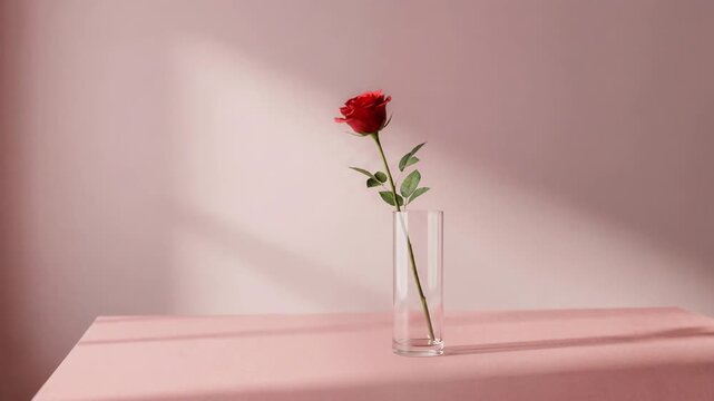 Beautiful single red rose in a glass vase with moving sunlight creating dynamic shadows