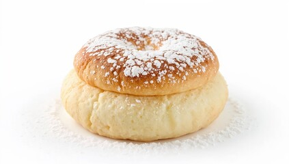 Thick fluffy japanese souffl pancake with powdered sugar on white background, closeup of trendy dessert