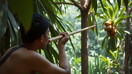 blowpipe. Person in a jungle aiming a long blowpipe at a fruit high in a tree. tourism brochures, itinerary planners, designed for travel destination branding, used by content creators.

