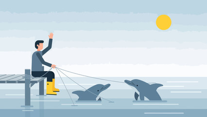 Cartoon Man On Pier Waving To Two Grey Dolphins Swimming In Ocean Water