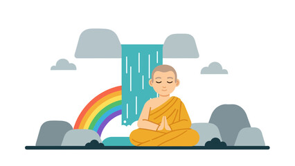 Cartoon Monk Meditating By Waterfall Landscape With Rainbow and Clouds