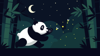 Cartoon Panda Chasing Fireflies At Night Under The Moonlight Illustration