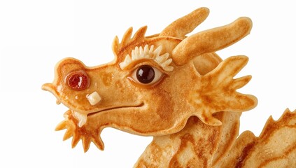 Fototapeta premium Creative dragon pancake art decorated with colored syrup and fruit for whimsical breakfast presentation