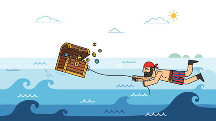Cartoon Pirate Swimming And Pulling A Treasure Chest Through The Ocean Waves