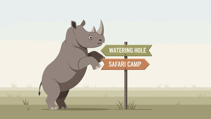 Cartoon Rhinoceros Near Signpost Showing Watering Hole And Safari Camp Destinations