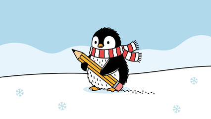 Cartoon Penguin Writer In Winter Landscape Wearing Scarf And Holding Pencil