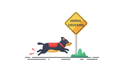 Cartoon Running Dog Illustration Near An Animal Crossing Sign On White Background