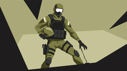 Cartoon Military Soldier In Combat Uniform Preparing For Action Operation