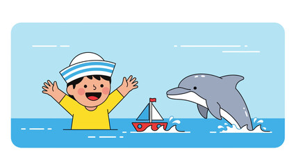 Cartoon Scene Depicting Happy Boy Waving at Dolphin with Boat on Calm Sea