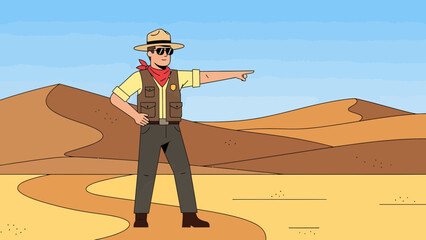 Cartoon Ranger Pointing Direction Across Scenic Desert Landscape Illustration