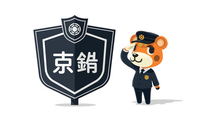 Cartoon Police Animal Character Saluting Next To A Sign With Japanese Text
