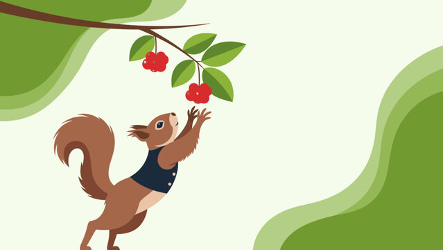 Charming Squirrel Trying To Reach Delicious Red Berries In The Forest