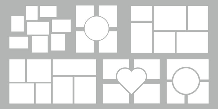 Set of rectangle and love , round collage for photo wall mood board template. collage for photos with picture frame in bento grid system.