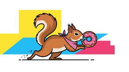 Cartoon Squirrel In Pink Bandana Carrying Pink Donut With Colorful Background