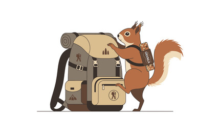 Cartoon Squirrel Planning a Hike With Backpack and Granola Bar Ready