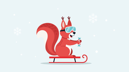 Cartoon Squirrel Sledding In Winter Landscape Wearing Ski Goggles And Holding Candies