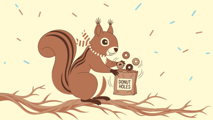Cartoon Squirrel Stealing Donut Holes Illustration Vector For Children Stories