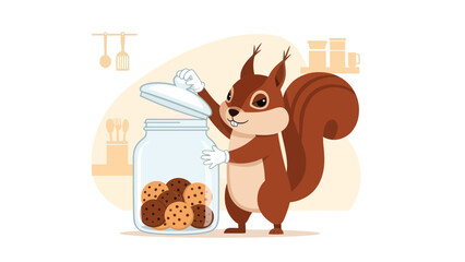 Cartoon Squirrel Stealing Cookies From A Jar In The Kitchen Back Ground