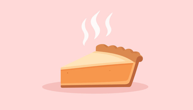 A warm slice of pumpkin pie with steam rising, on a pink background, perfect for a sweet treat or dessert.