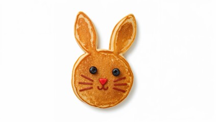 Fototapeta premium Cute bunny pancake breakfast with strawberry ears and blueberry eyes on white background for kids and easter brunch ideas