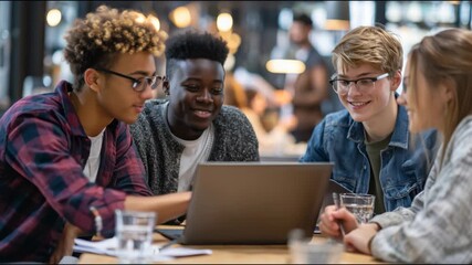 Multiethnic group of young students collaborating on a project with a laptop in a modern coffee shop - Powered by Adobe