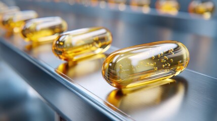 Closeup of vitamin D softgel capsules with floating particles on reflective metal surface